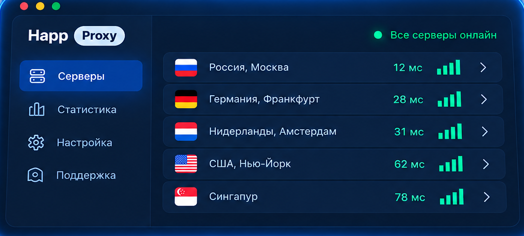 Панель Happ Proxy со списком серверов и задержкой до каждого